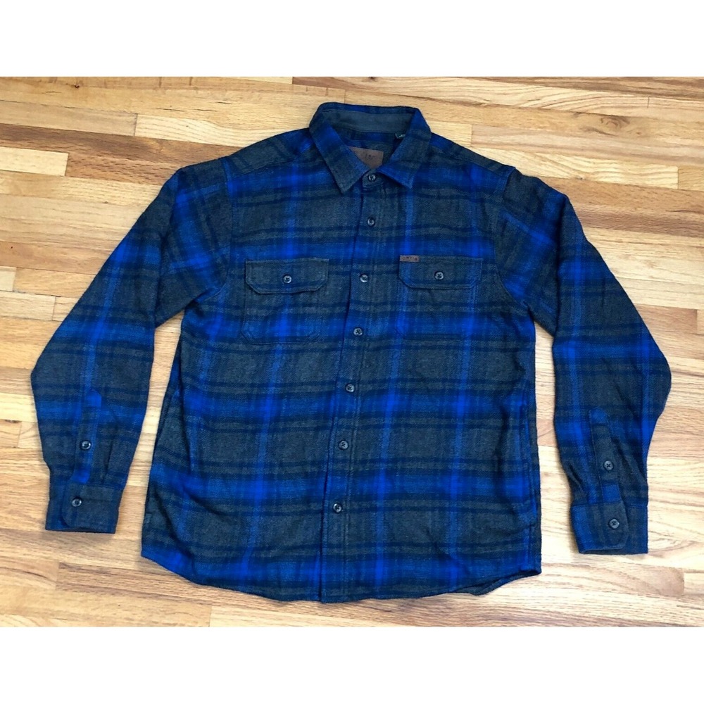 Orvis ButtonUp Shirt Men M Blue Heavy Flannel Plaid Spread Collared Cotton Blend